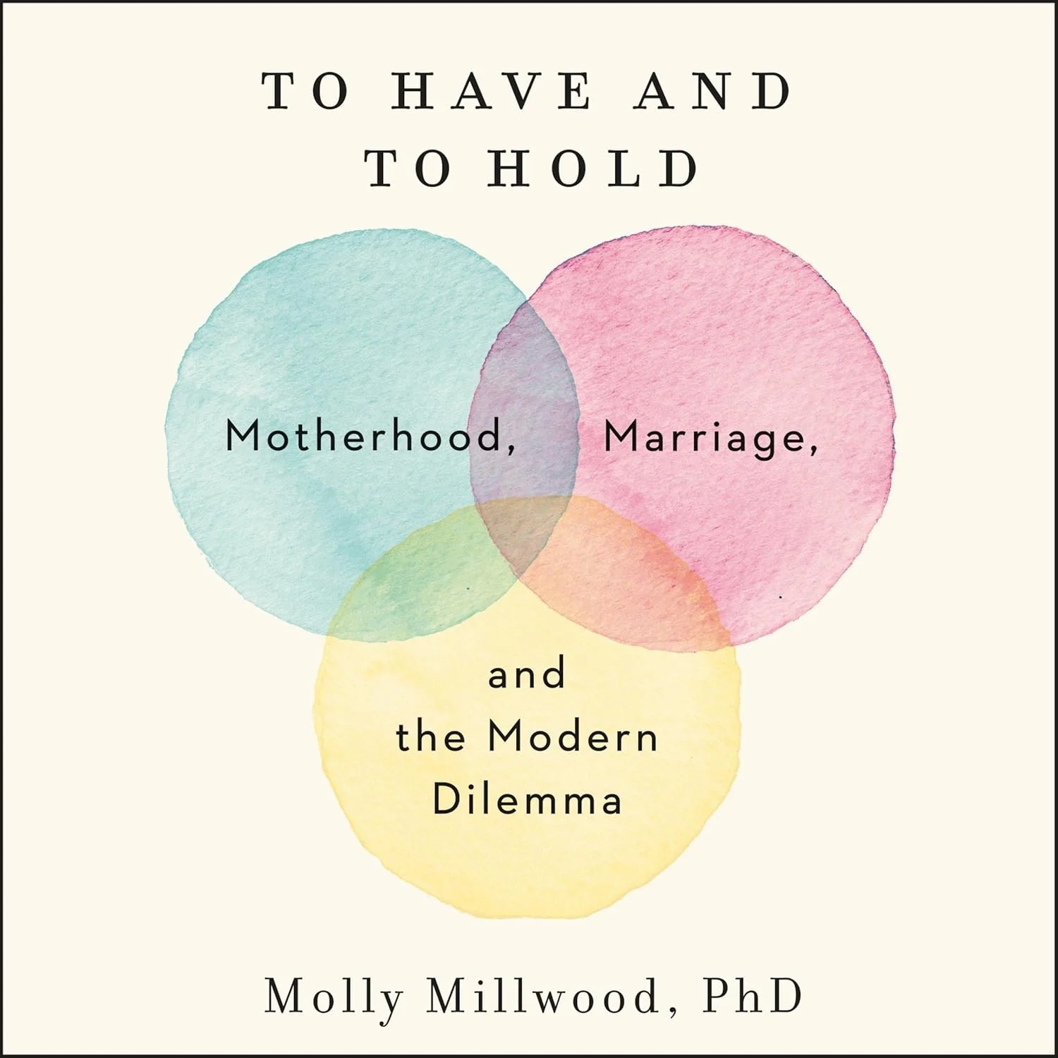 Book cover titled "To Have and To Hold" with a watercolor design of three overlapping circles labeled "Motherhood," "Marriage," and "the Modern Dilemma." Author: Molly Millwood, PhD.
