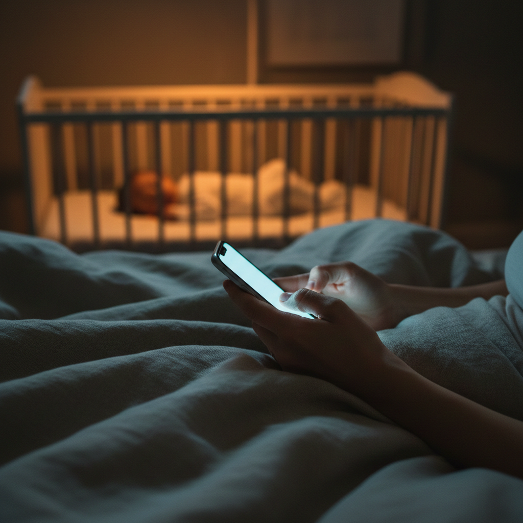 A cinematic close up of a mother’s hands holding a glowing smartphone in a dark bedroom at night, with a baby sleeping in a crib in the blurred background. This visualizes the quiet weight of maternal scrupulosity and late night anxiety.