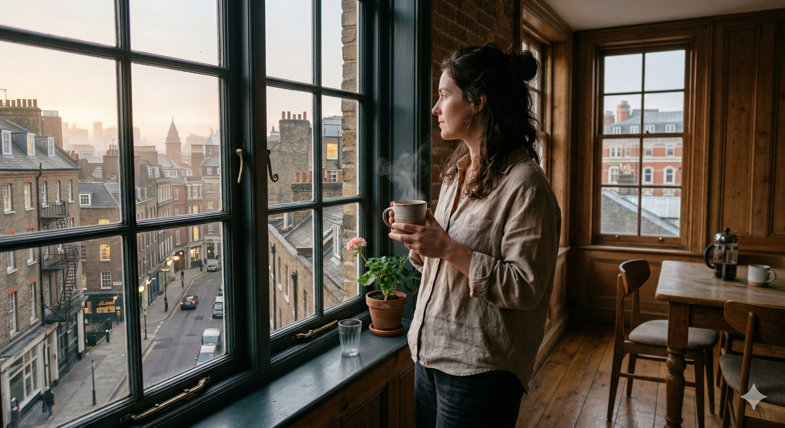 A mother in a linen shirt stands at a New York apartment window holding a ceramic mug, looking out at the city skyline in the early morning light, reflecting on her experience of matrescence and motherhood identity.