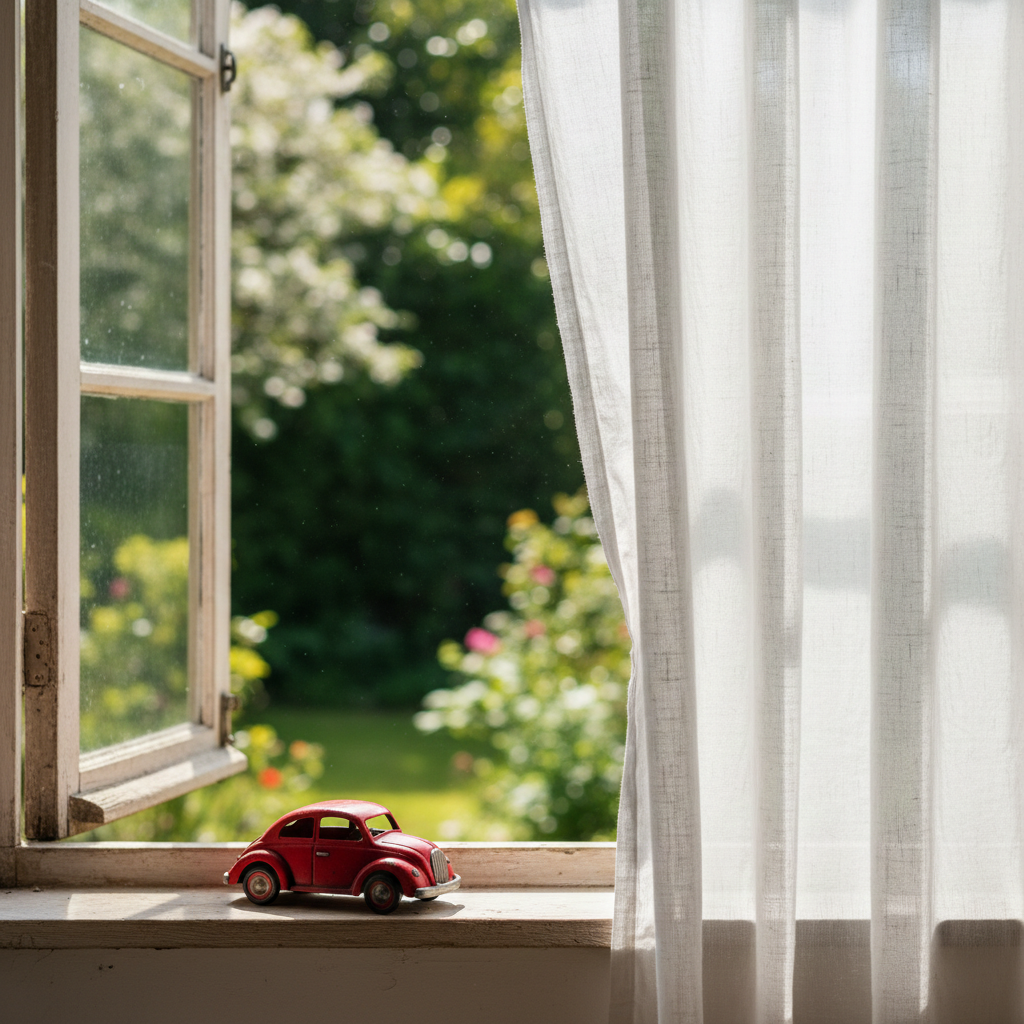 A warm minimalist photo of a white linen curtain blowing in an open window with a small red toy car on the windowsill. The image evokes a sense of relief and the "good enough" parent concept, emphasizing repair over perfection.