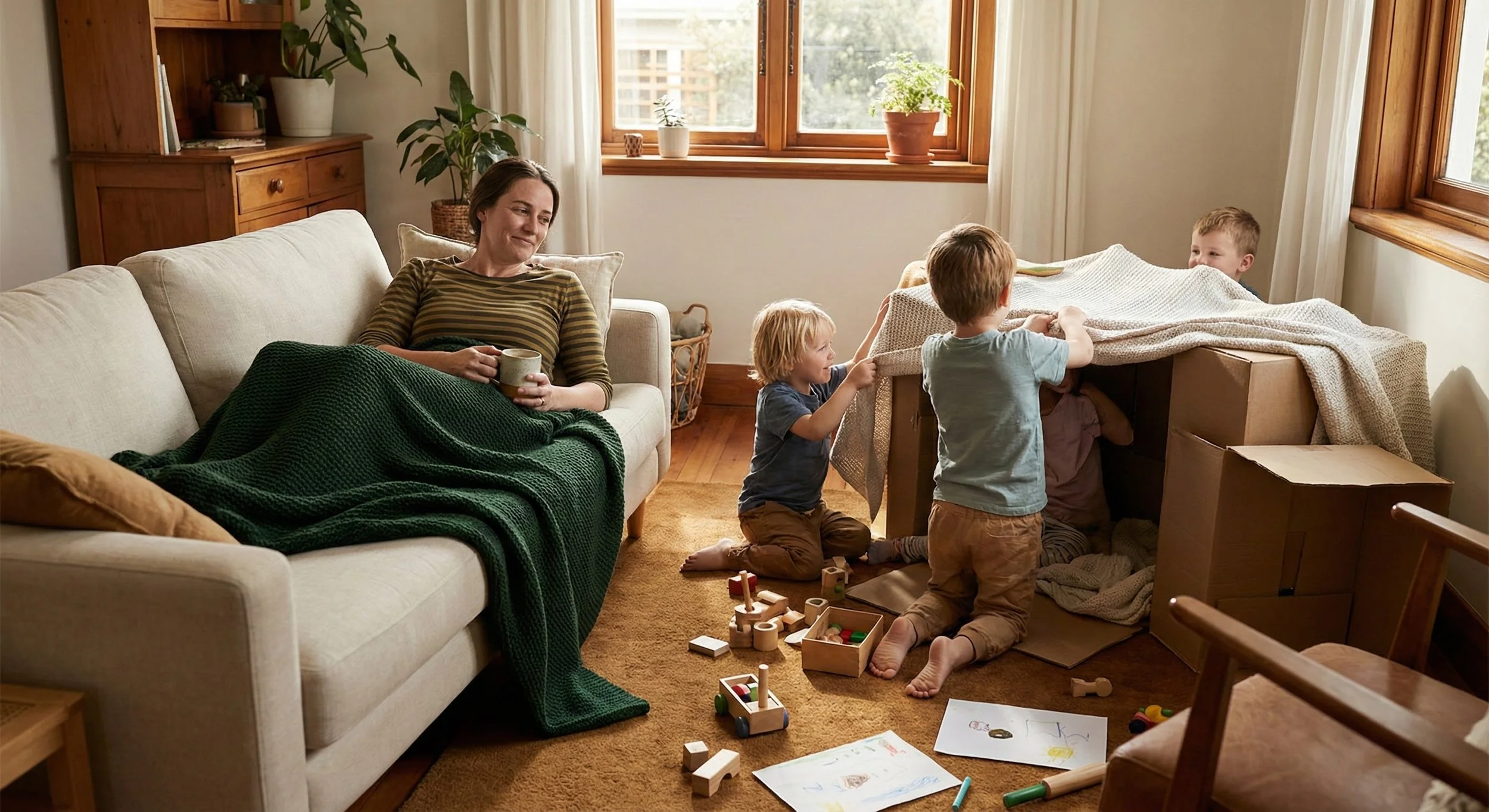 A candid, naturally lit photograph taken in a warm living room. A mother with a tired but gentle smile reclines on a cream sofa under a dark green knitted blanket, holding a ceramic mug.