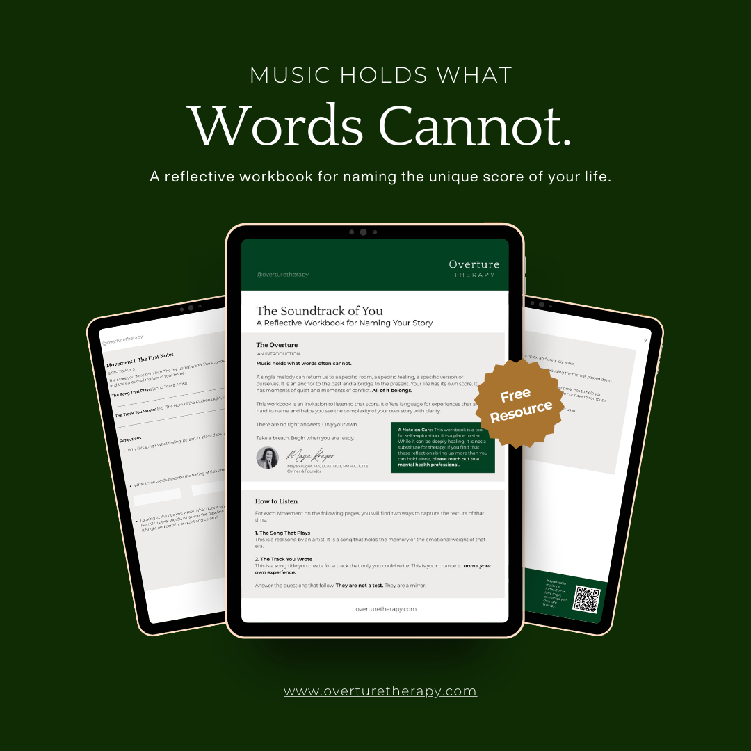 Digital mockup of The Soundtrack of You, a reflective workbook for trauma healing, shown on tablet screens against a forest green background.