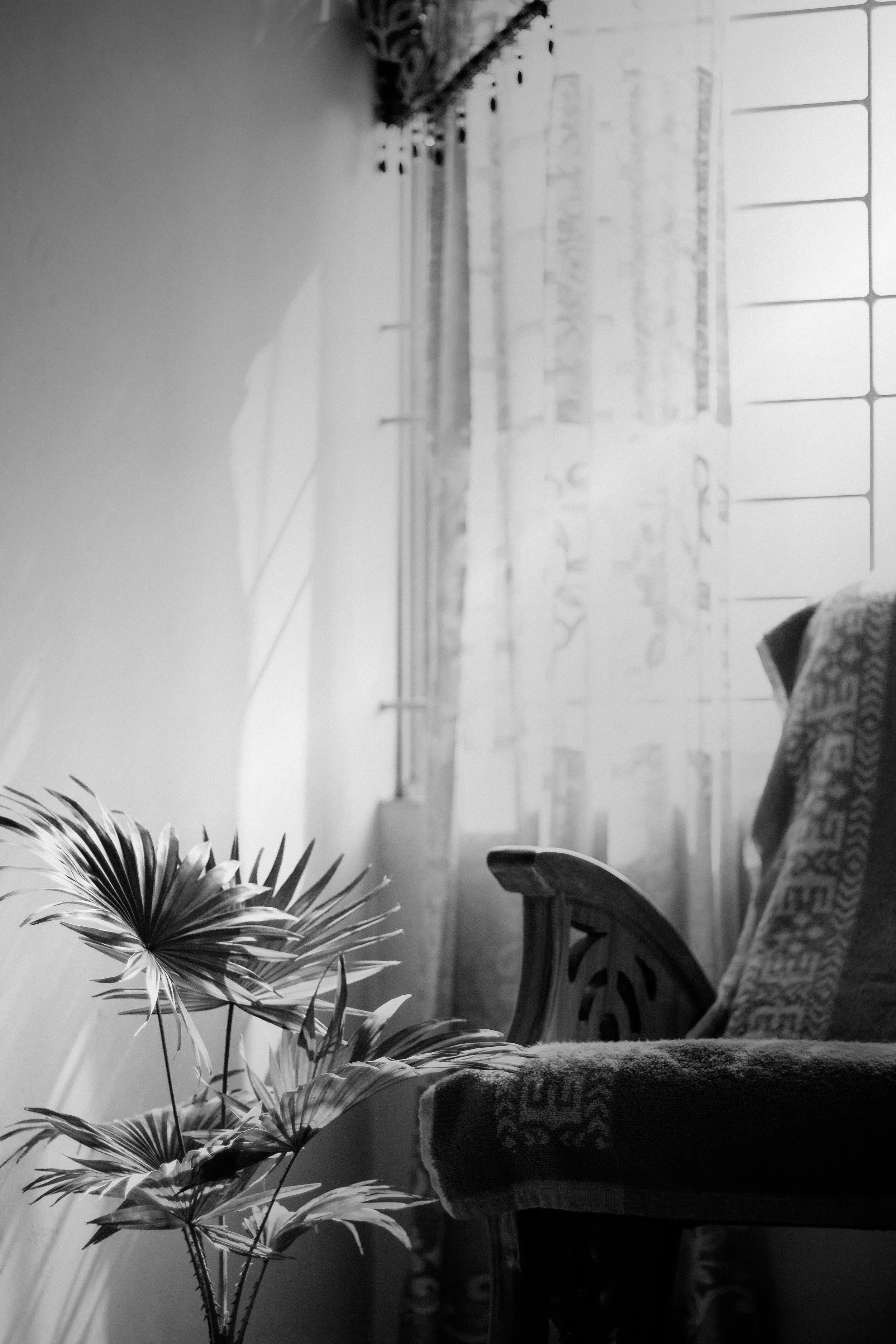 A quiet room with soft light filtering through sheer curtains onto an empty chair draped with a blanket, evoking the stillness and absence of support many mothers feel during matrescence.