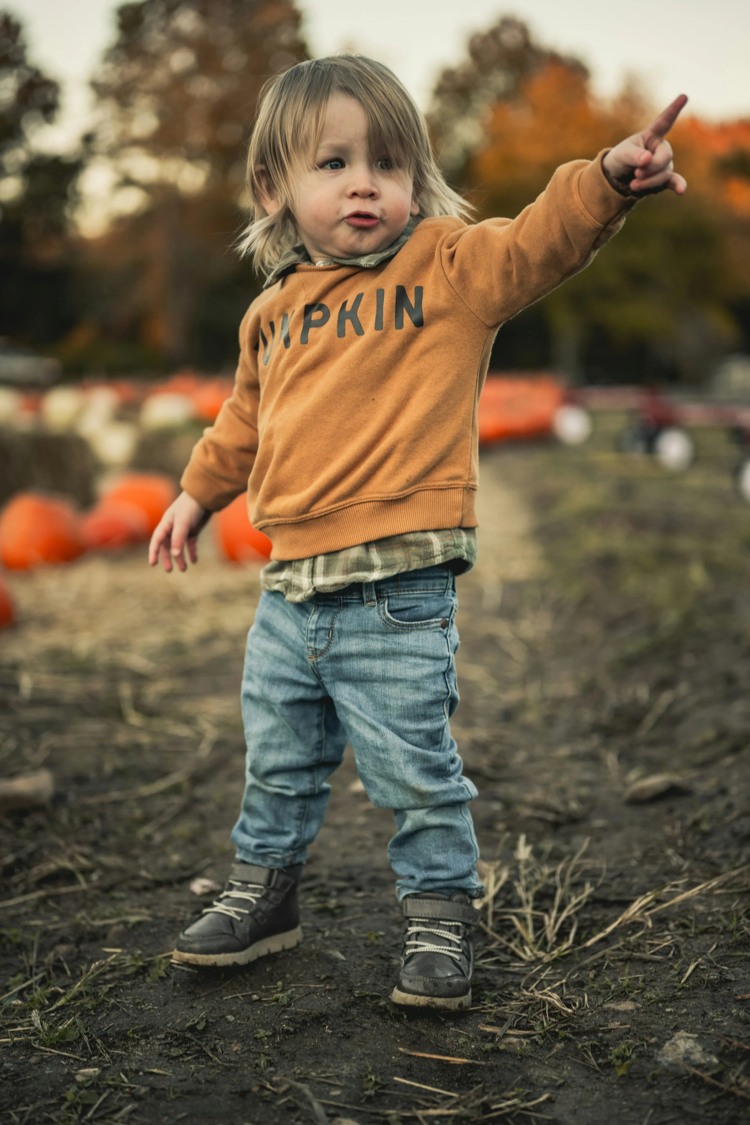 Toddler in a pumpkin sweatshirt pointing with a pouty, determined expression at a fall pumpkin patch.