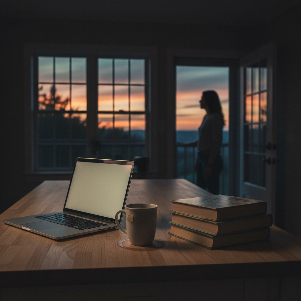A wide, moody shot of a kitchen island at dusk featuring an open laptop, a cold cup of tea, and parenting books. In the background, a silhouetted woman looks out a window, representing the heavy mental load and pressure of modern parenting.