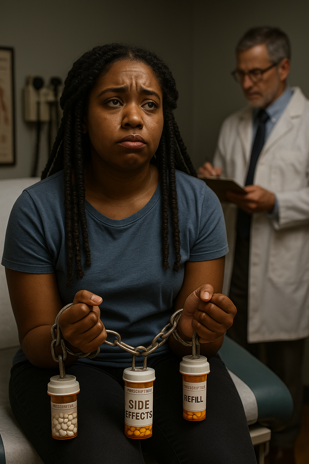 A woman with long braids and a distressed expression sitting on an examination table, holding a chain with pill bottles labeled 'Side Effects' and 'Refill' attached to it, in a doctor's office with a doctor in the background.