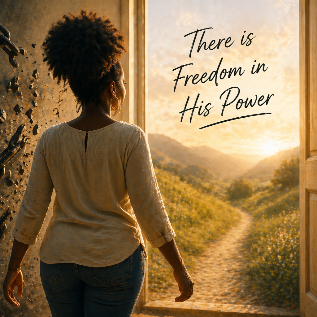 A woman standing in an open doorway, looking out at a scenic landscape with mountains and a sunset, with the quote 'There is Freedom in His Power' overlaid on the image.