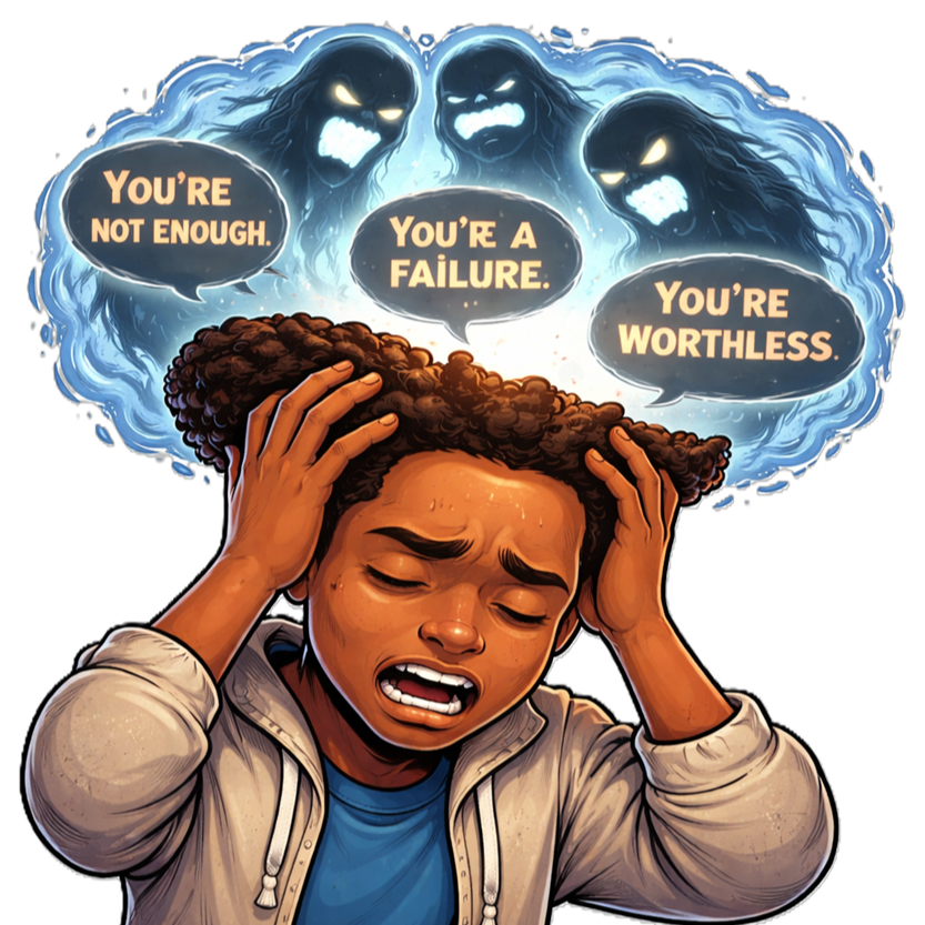 A person holding their head in frustration with a distressed expression, surrounded by ghostly, angry faces with speech bubbles saying 'You're not enough,' 'You're a failure,' and 'You're worthless.'