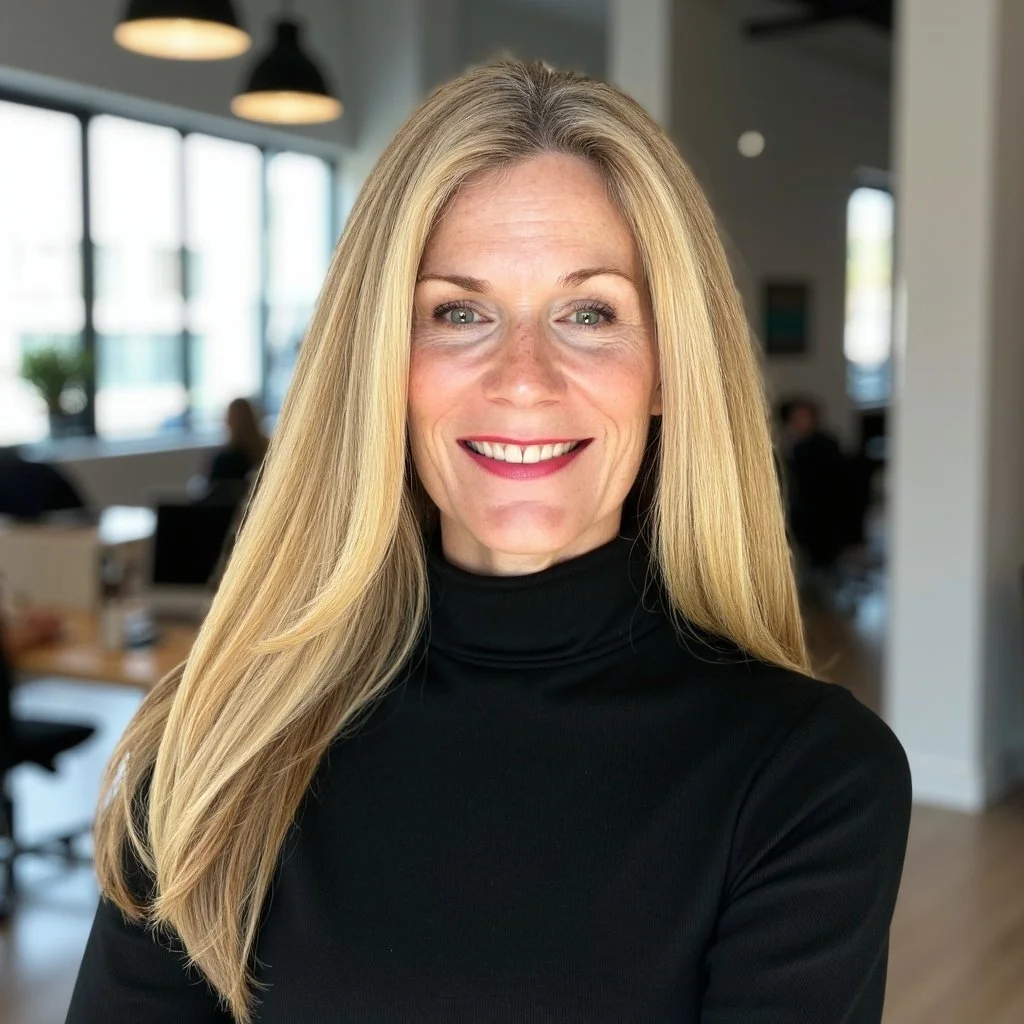 Christian, Owner of Build Financial Solutions - A smiling woman with long blonde hair wearing a black turtleneck in a modern office setting.