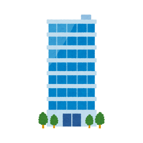Illustration of a tall, blue, multi-story hotel building with trees at the base.