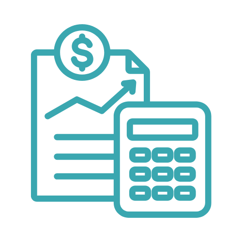 Outline of financial report with upward trending graph, dollar sign, and calculator icons.