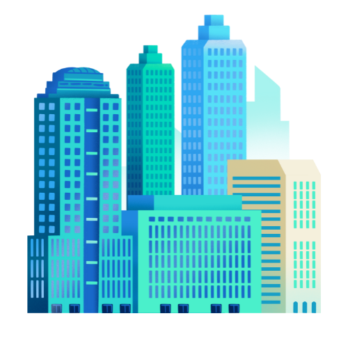 A digital illustration of a city skyline with various tall modern buildings in shades of blue and green.