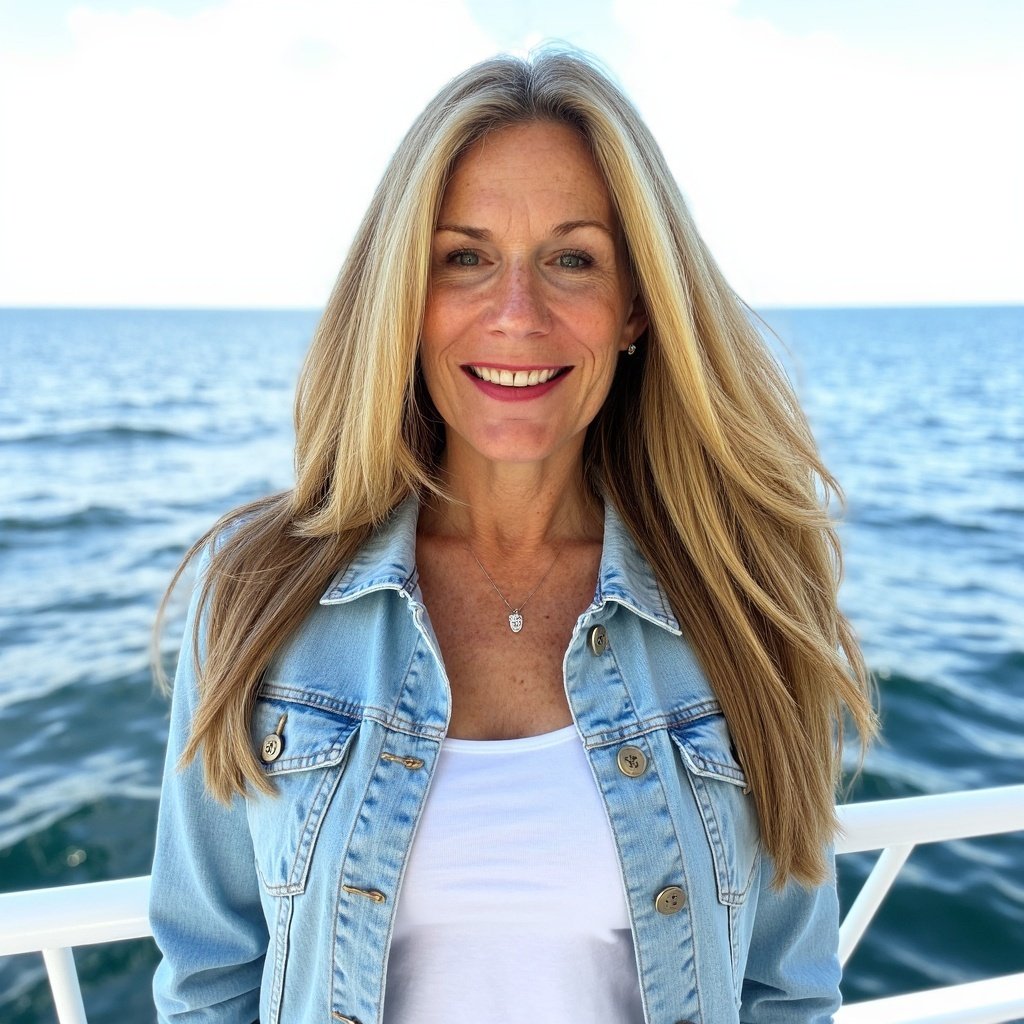 Christian, Owner of Build Financial Solutions - a woman with long blonde hair, wearing a denim jacket and white shirt, standing outdoors with ocean and sky in the background.