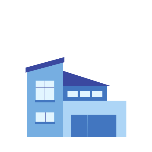 Illustration of a modern, multi-story house with blue and white exterior, large windows, and a garage.