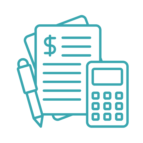 Line art icon of financial documents, a pen, and a calculator.