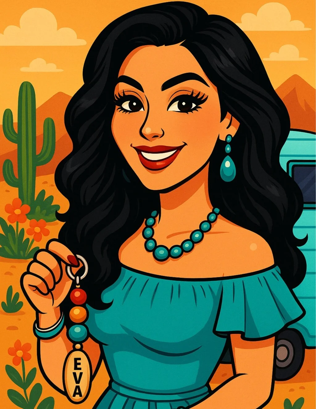 Cartoon portrait of a woman with dark wavy hair, wearing teal jewelry and a matching dress, holding a keychain with 'EVA' on it, set against a desert landscape with cactus and mountains in the background.