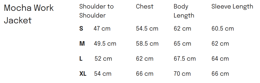 Size chart for Mocha Work Jacket showing measurements for shoulder to shoulder, chest, body length, and sleeve length in centimeters for sizes S, M, L, and XL.