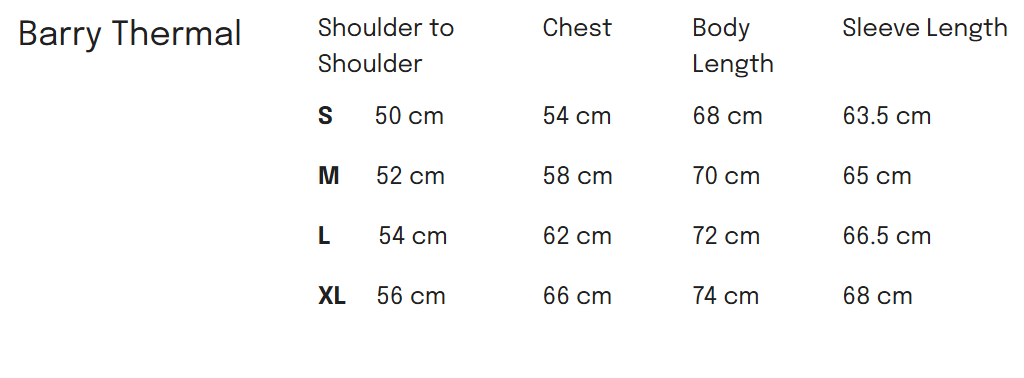 Size chart for Barry Thermal clothing with measurements for shoulder to shoulder, chest, body length, and sleeve length in centimeters for sizes small, medium, large, and extra large.