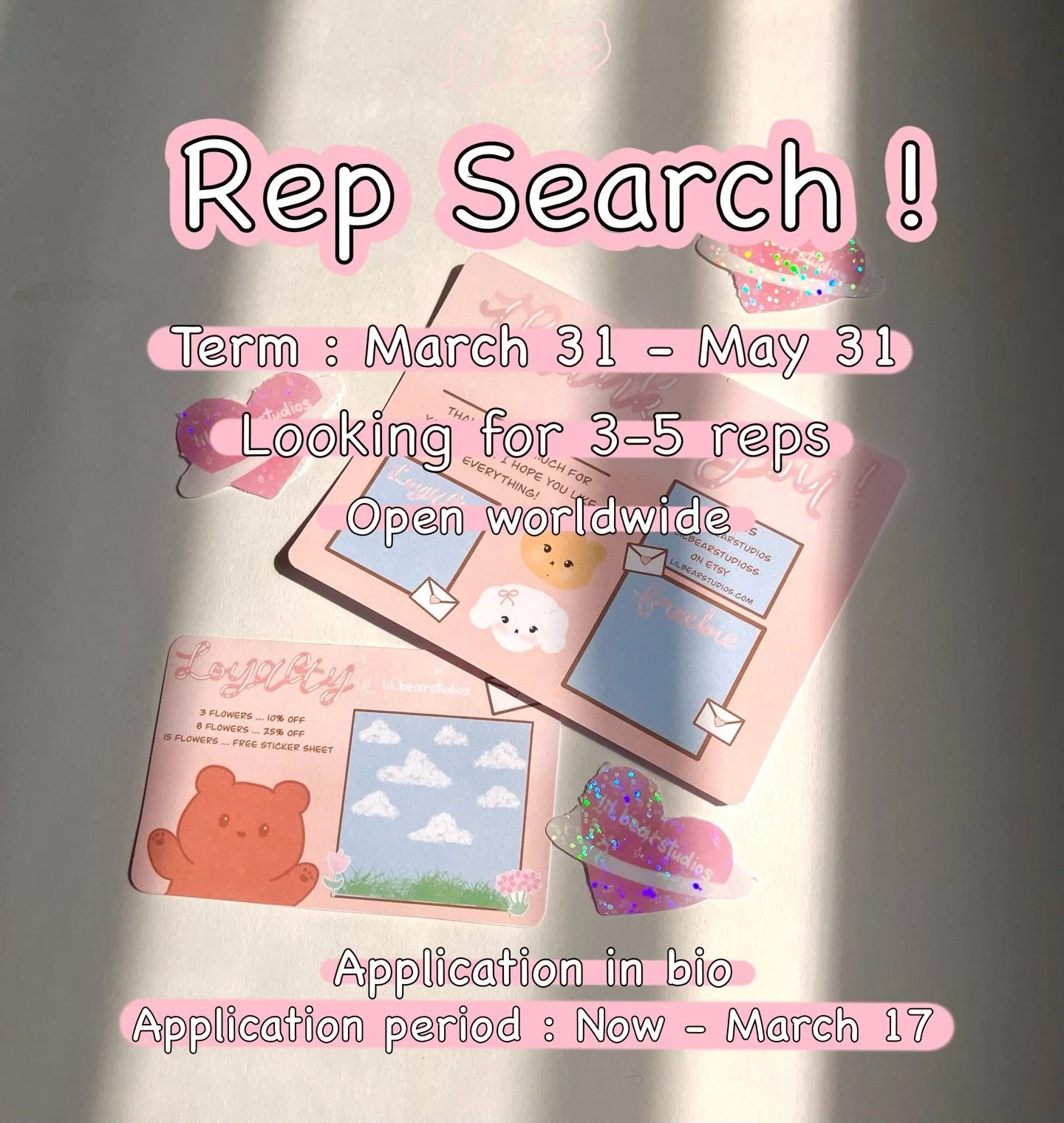 Rep applications are officially open!💗
 
We are looking for 3-5 reps for a 2 month term, mainly in the US but international friends are welcomed as well!

The rep application will be linked in my bio! The deadline for application will be March 17 an