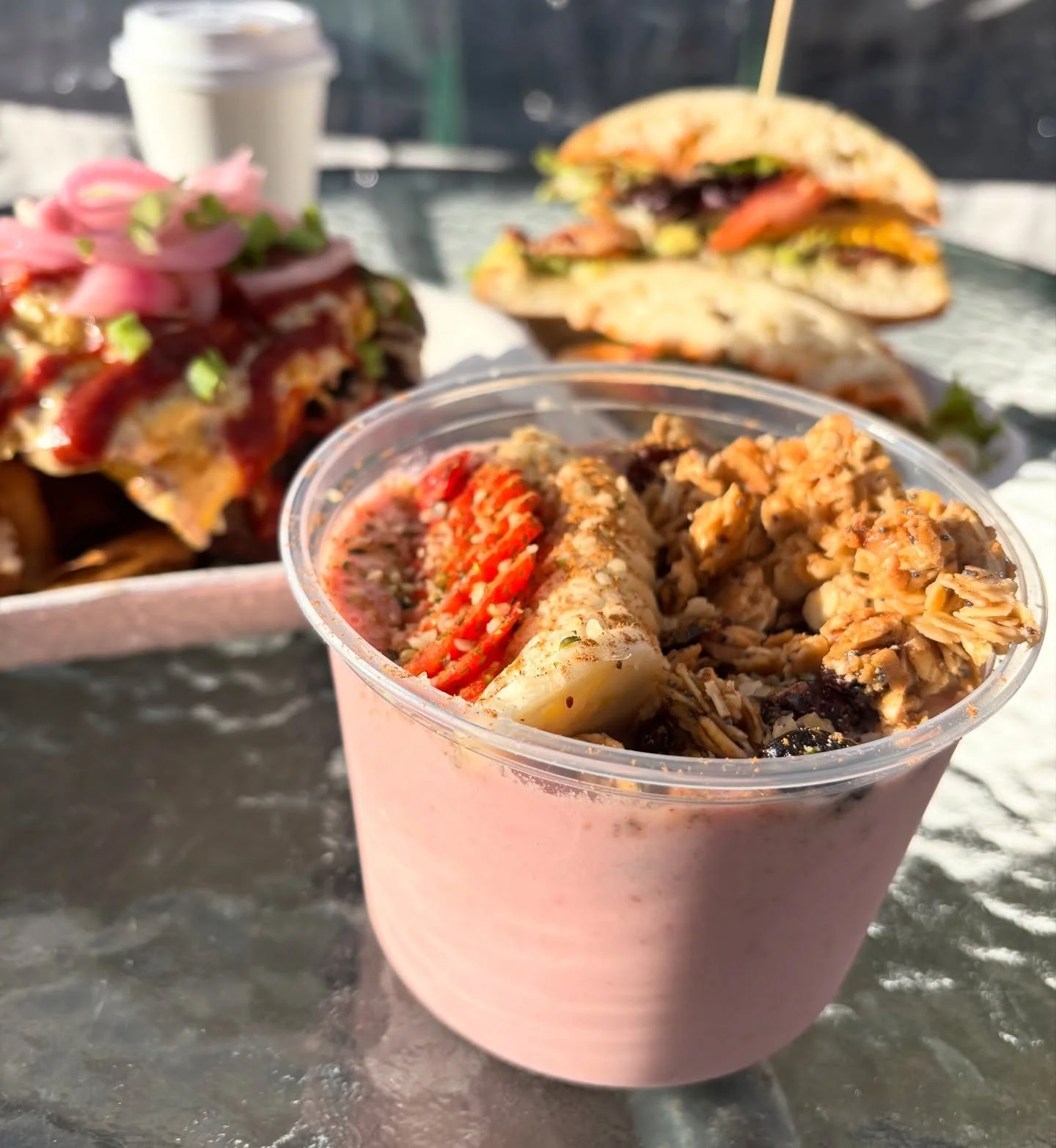 Creamy, dreamy, Peanut Butter Bowl 💝 the perfect combination of health + wellness in one perfectly pink format. Who said January wasn&rsquo;t about smoothie bowls?! It&rsquo;s technically summer somewhere&hellip; 🥳 come join us daily from 8-3, or c