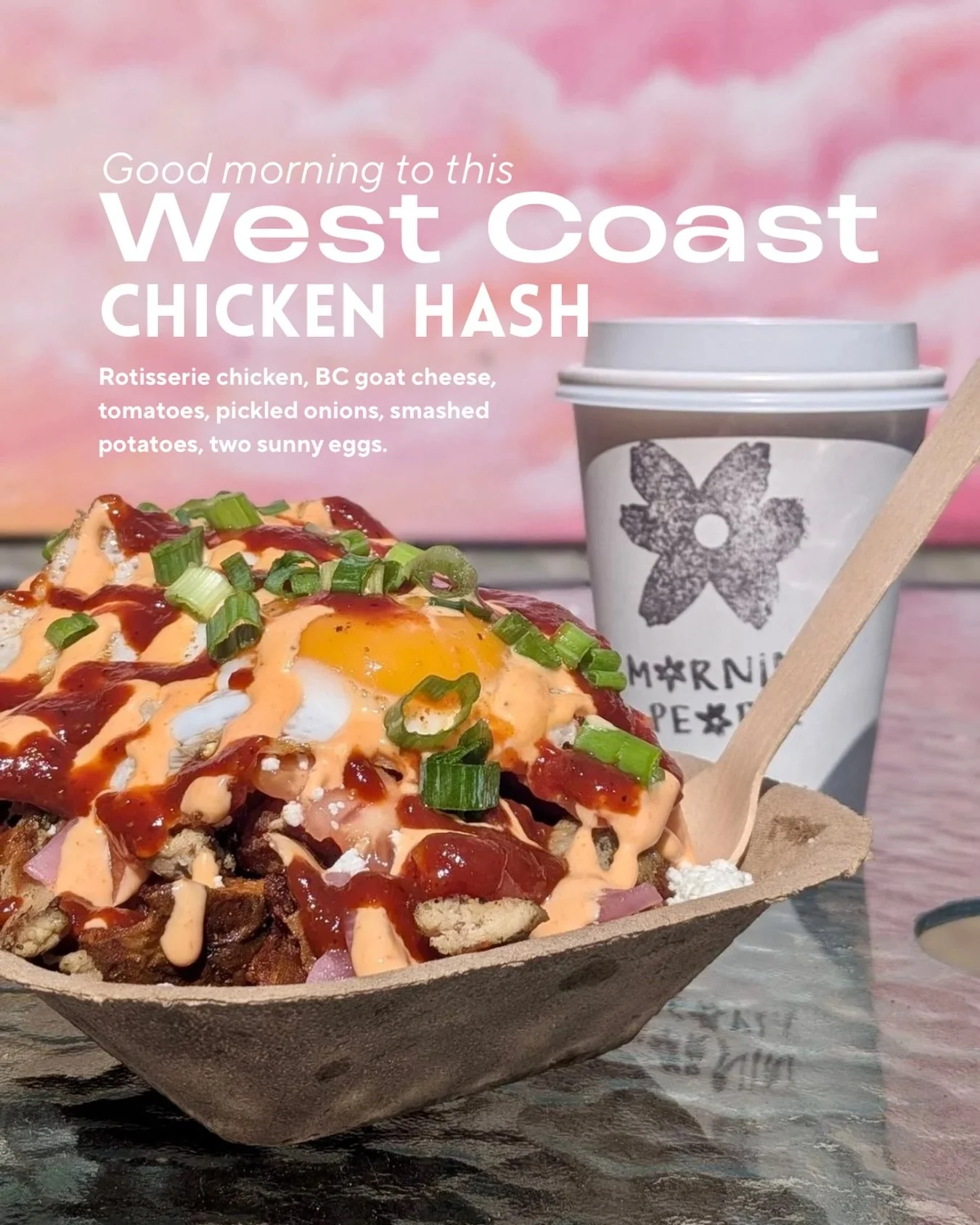 West Coast Chicken Hash has entered the chat 🚶

Rotisserie chicken from Sidney&rsquo;s own 4 Quarters, fresh BC goat cheese, tomatoes, and house pickled onions over our signature smashed potatoes, topped with two sunny eggs.

Every sauce made in-hou