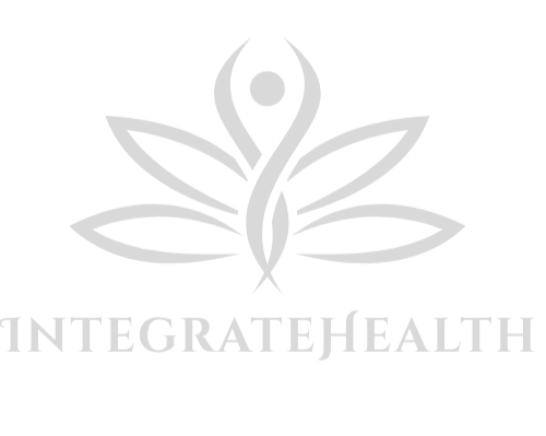 Logo for Integrate Health with a stylized figure and leaf design in gray on a black background.
