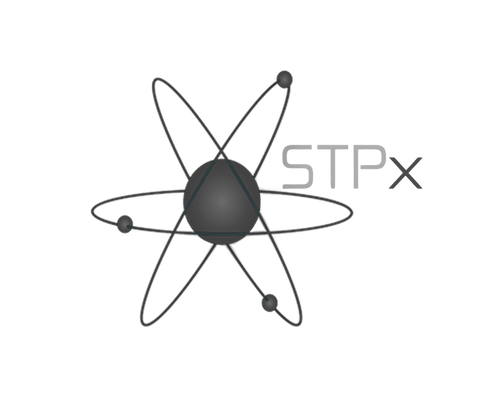 Logo with a black atom symbol and the text 'STP x'