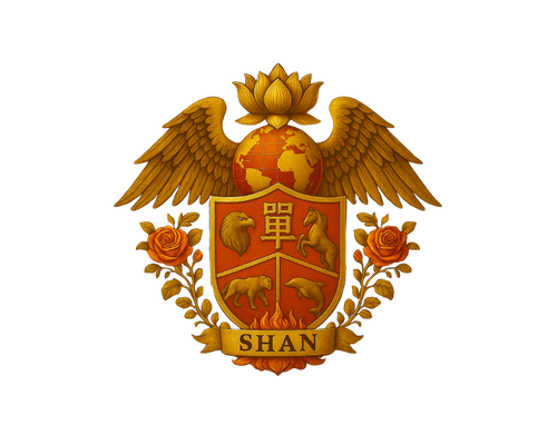 A crest with a golden eagle and wings, a shield with a lion, a bear, and a horse, roses, a globe with a lotus flower on top, and the name "Shan" at the bottom.