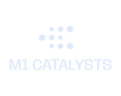 Logo with stylized circles above the words 'M1 Catalysts' in light blue font.
