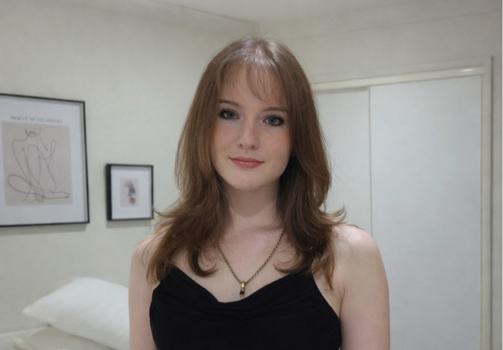 A young woman with shoulder-length light brown hair, wearing a black sleeveless top and a gold necklace, smiling softly in a room with framed artwork on the wall.