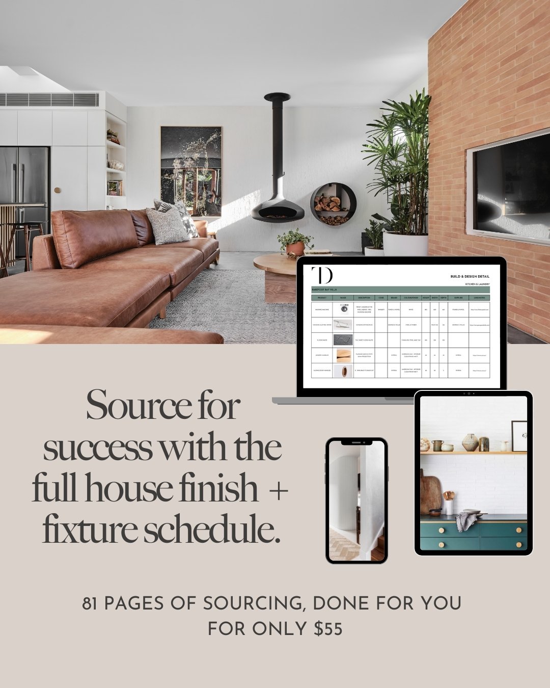 Dreaming of the Barefoot Bay Villa look in your own home?
We&rsquo;ve gathered every finish, fixture and detail from the Villa into one beautifully curated shopping list &mdash; 81 pages of sourced products, materials and selections ready for you to 