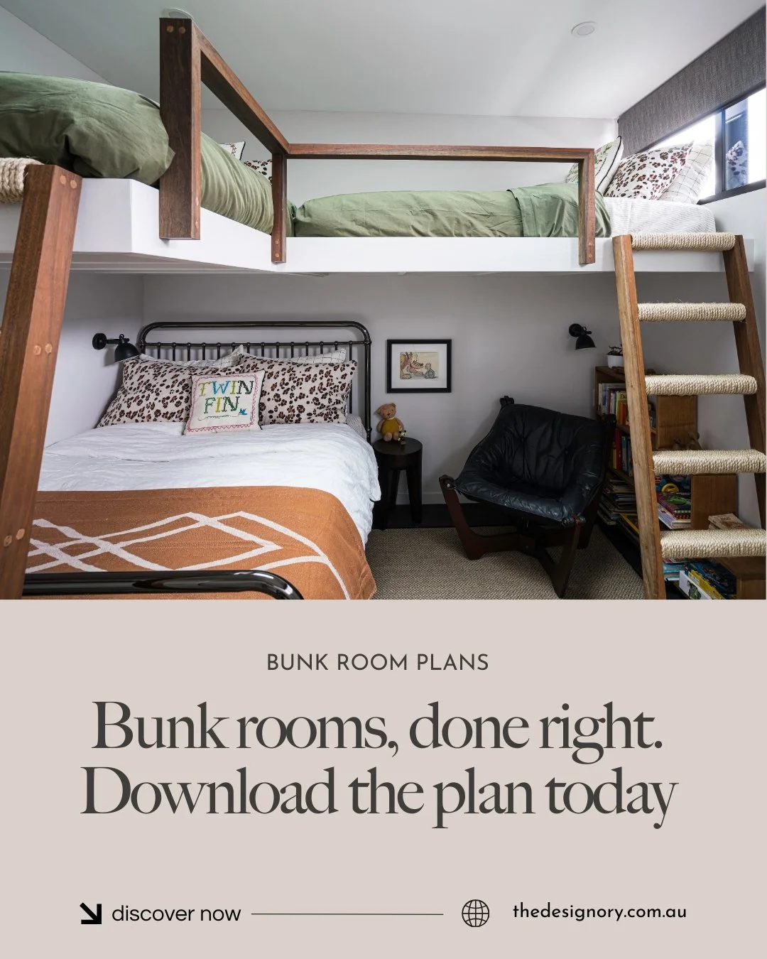 A well designed bunk room is more than extra beds. It is a space that feels playful, practical and considered all at once.

Our bunk room plans are created to maximise floor space, build in storage and ensure every detail works safely and beautifully