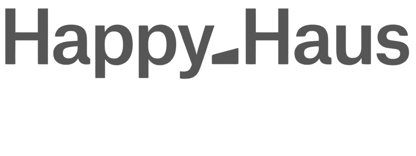 Text graphic that says 'Happy-Haus' in large gray font on a black background.