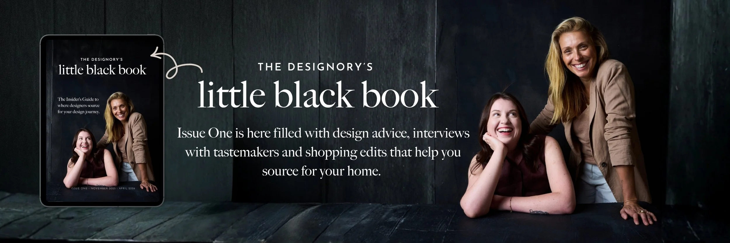 Promotion for The Designory's Little Black Book, featuring a dark wall background, a stylized tablet displaying the book cover with a woman and a young girl, and large text explaining the purpose of the issue with a woman and girl smiling and leaning on a surface.