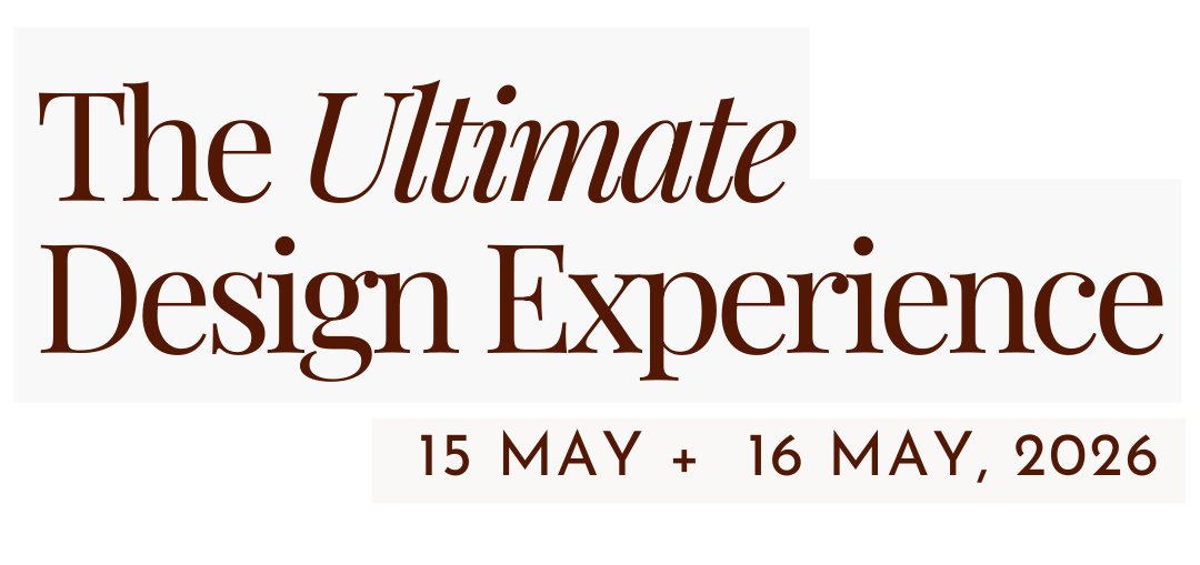 Event banner for 'The Ultimate Design Experience' scheduled for May 15-16, 2026, featuring large decorative text.