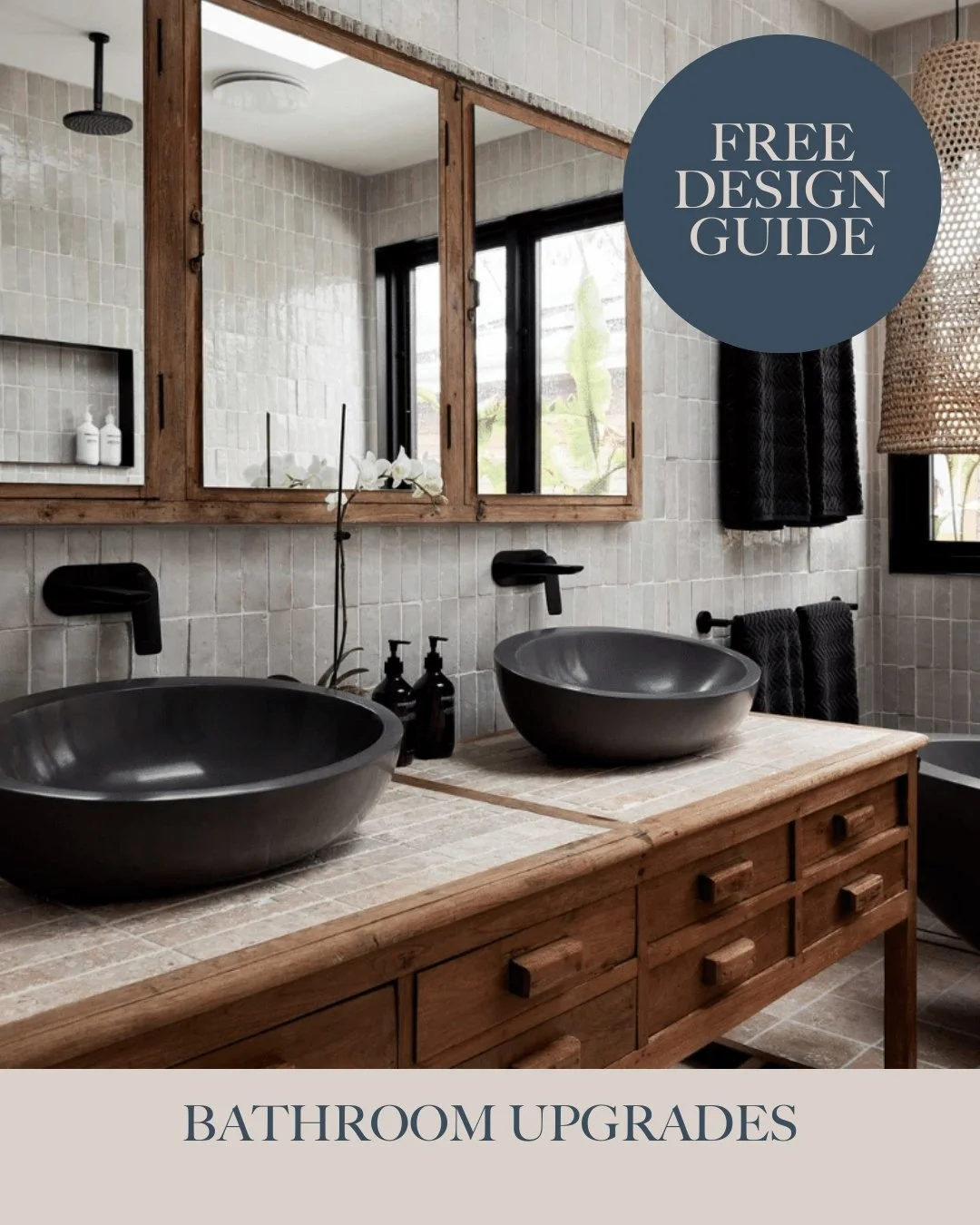 Modern bathroom with double black bowl sinks on a wooden vanity, large mirror, black fixtures, and neutral tile walls, promoting a bathroom upgrade guide.