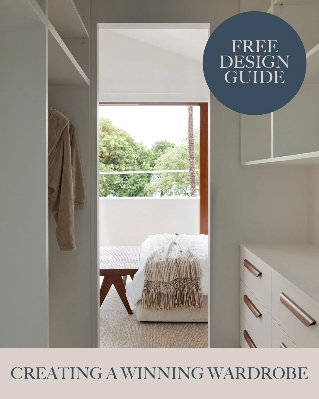 Cover of a guide titled '3 Simple Tips and Tricks for Creating a Winning Wardrobe' showing a modern bedroom with a large light green wardrobe, open shelving with decorative items, part of a bed, and a pendant light.