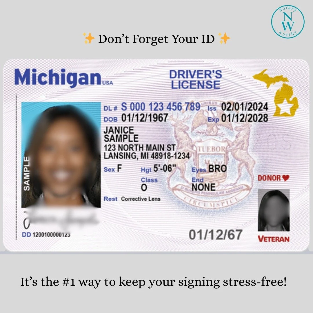 Here’s a quick tip to make your notary appointment a breeze: bring a valid photo ID!
I know it’s easy to forget (especially with everything else on your mind), but having your ID ready is the #1 way to avoid hiccups and keep things stres