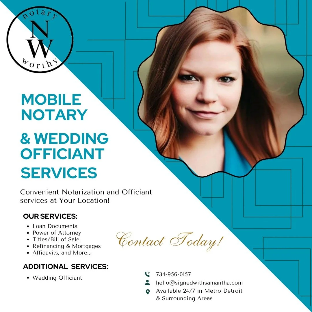 📌 Need something notarized but don’t have time to drive across town or wait in a long line?
Hi, I’m Samantha — a mobile notary serving Metro Detroit with convenience, professionalism, and a little bit of personality too 💁🏻‍♀