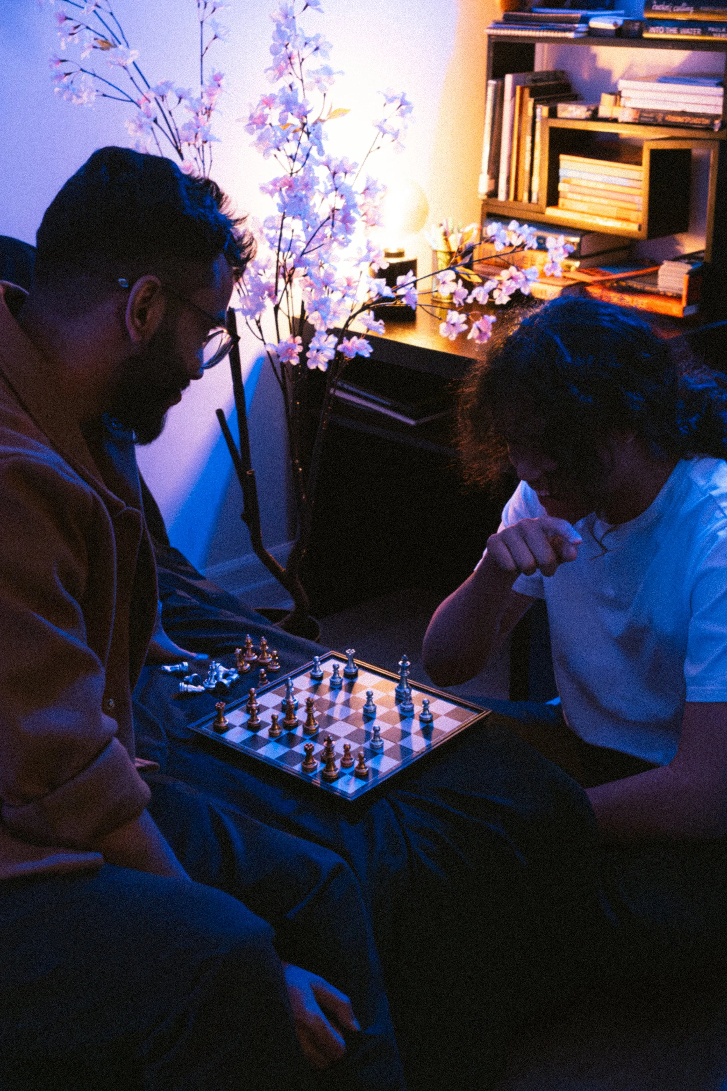 Two people playing chess in a dimly lit room, with a flowering tree and a bookshelf in the background.