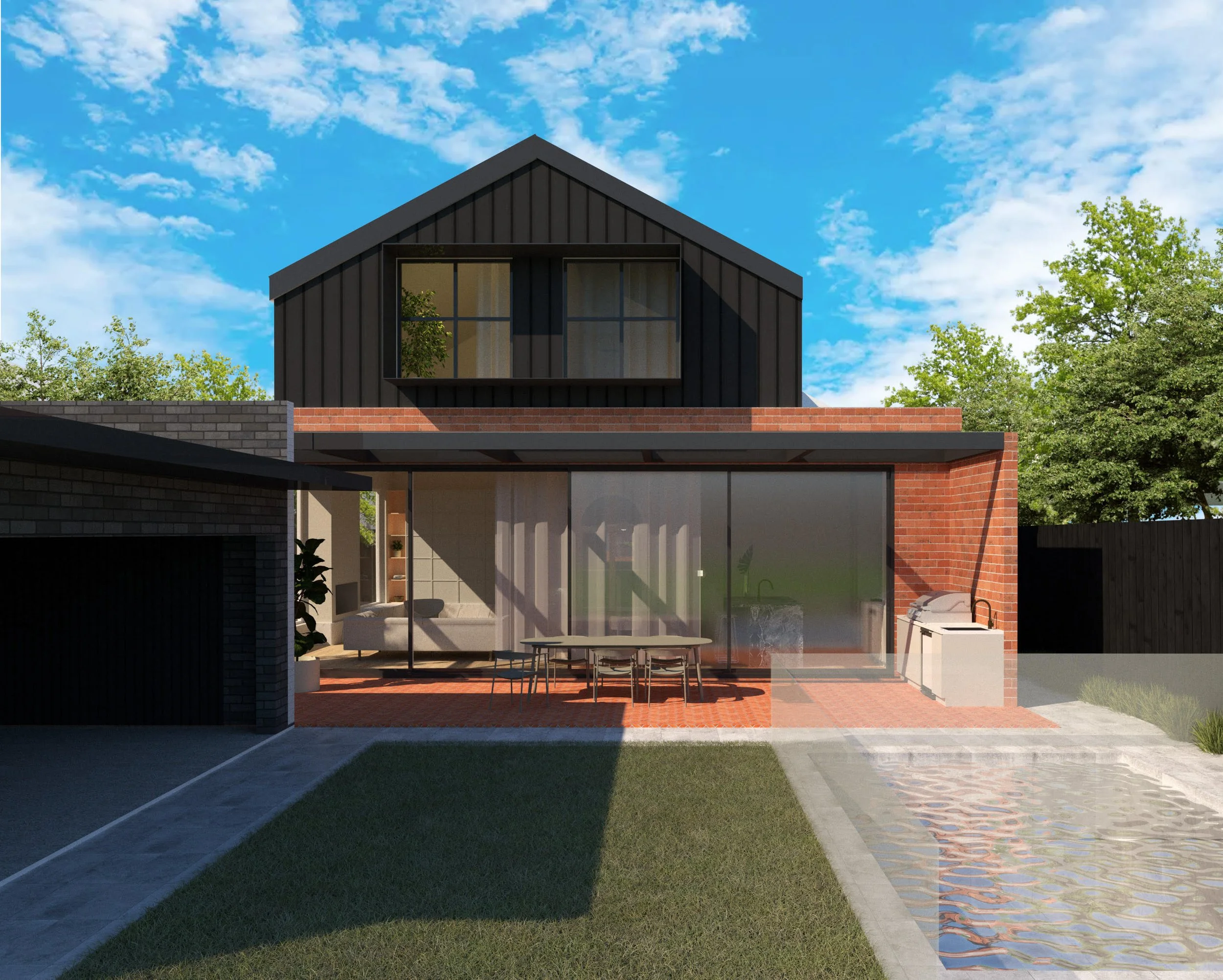 Modern two-story house with white and red brick exterior, glass doors, outdoor dining area, and a backyard with grass, patio, and a small pool under a blue sky with clouds.