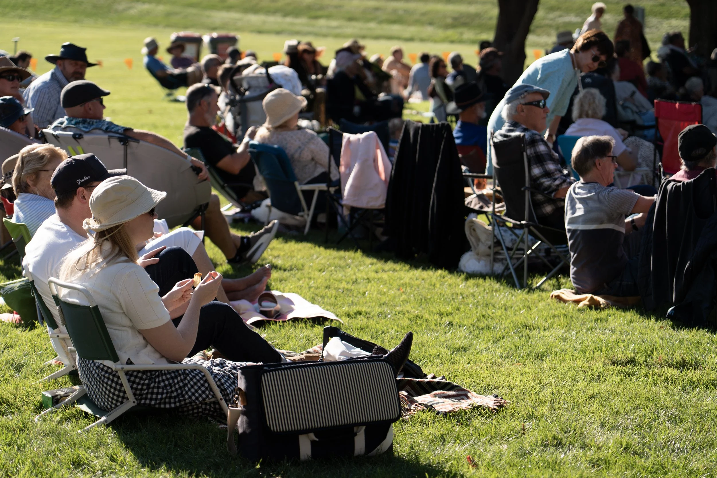 A large group of people sitting outdoors on grass, enjoying a sunny day, some in camping chairs and others on blankets, likely attending an outdoor event or concert. Jazz In the park church road winery.