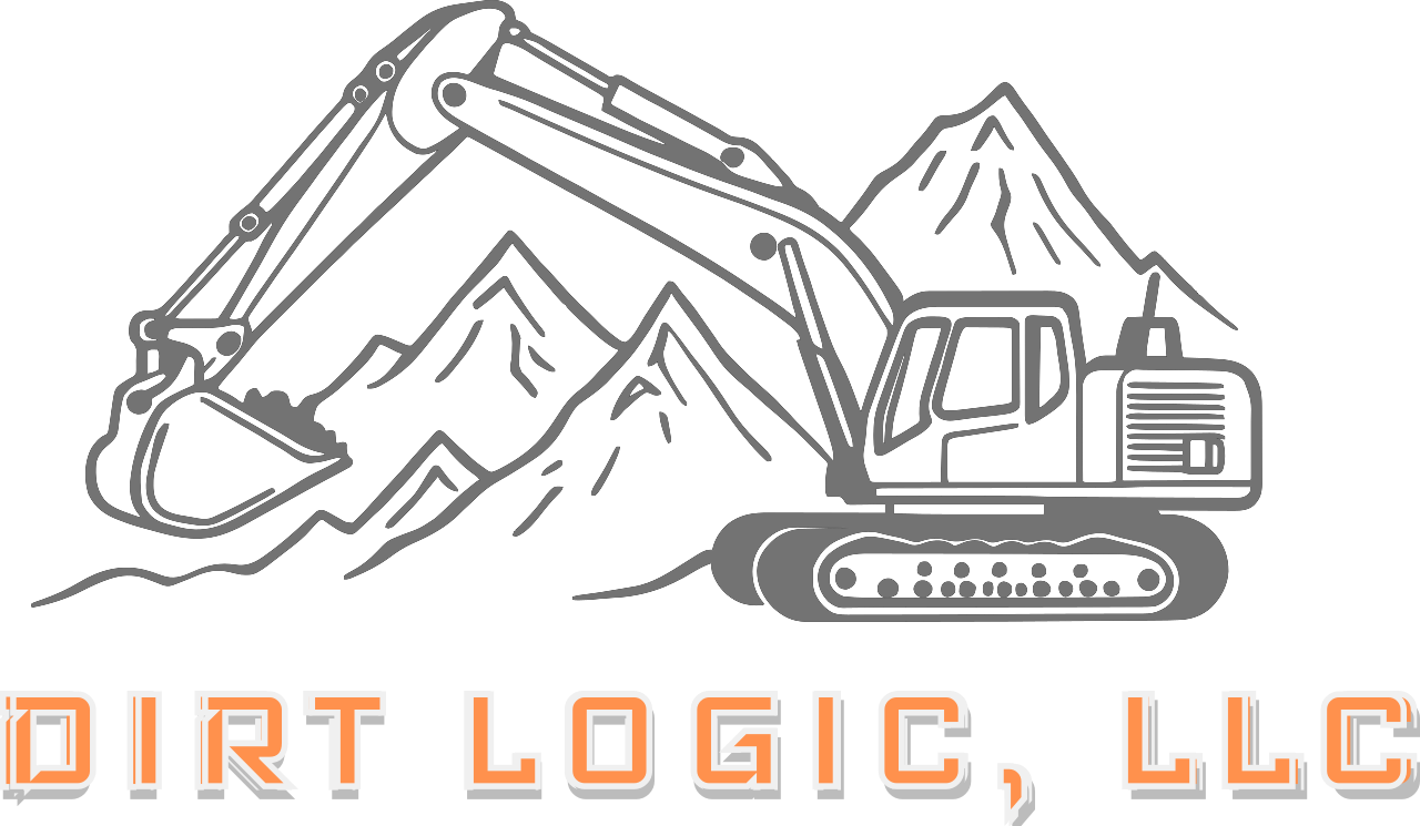 A black and gray line drawing of an excavator operating on a mountainous terrain, with mountains in the background, and the text 'Dirt Logic, LLC' at the bottom.