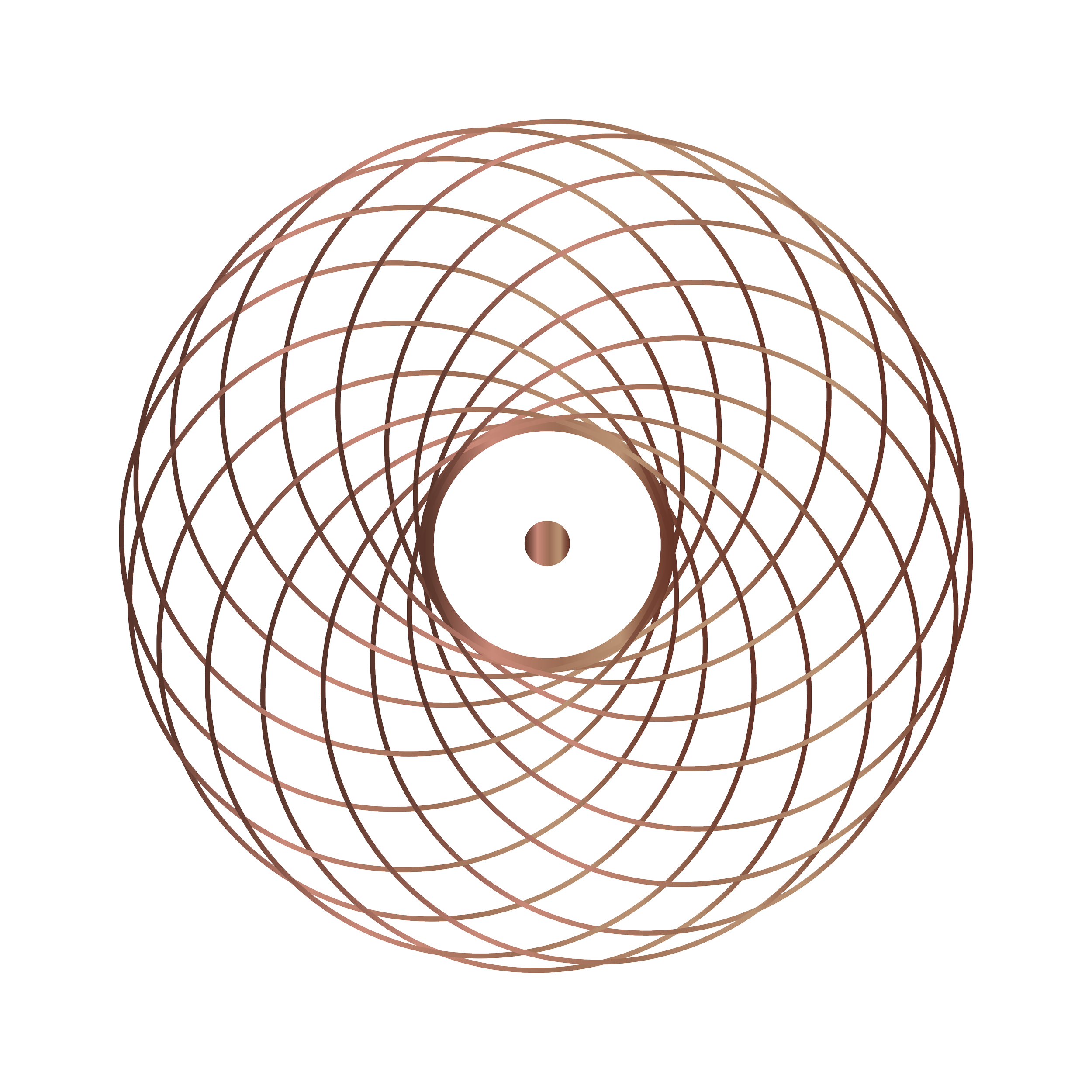View of a white machine with brown wires forming a spherical cage around a central hole, with some colored labels on the side.