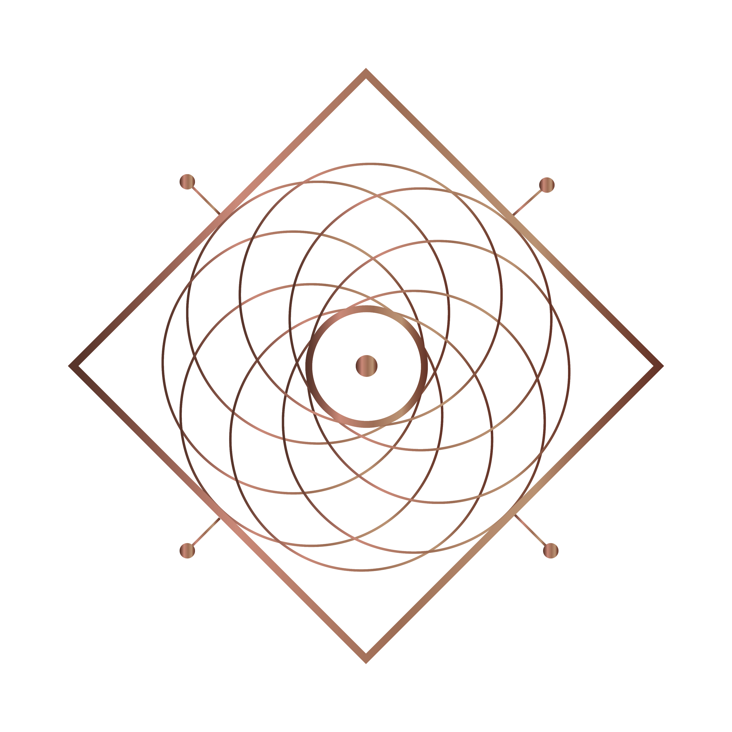 Astronomy map with concentric rings centered on a point, over a diagrammatic surface with colored labels and markers.