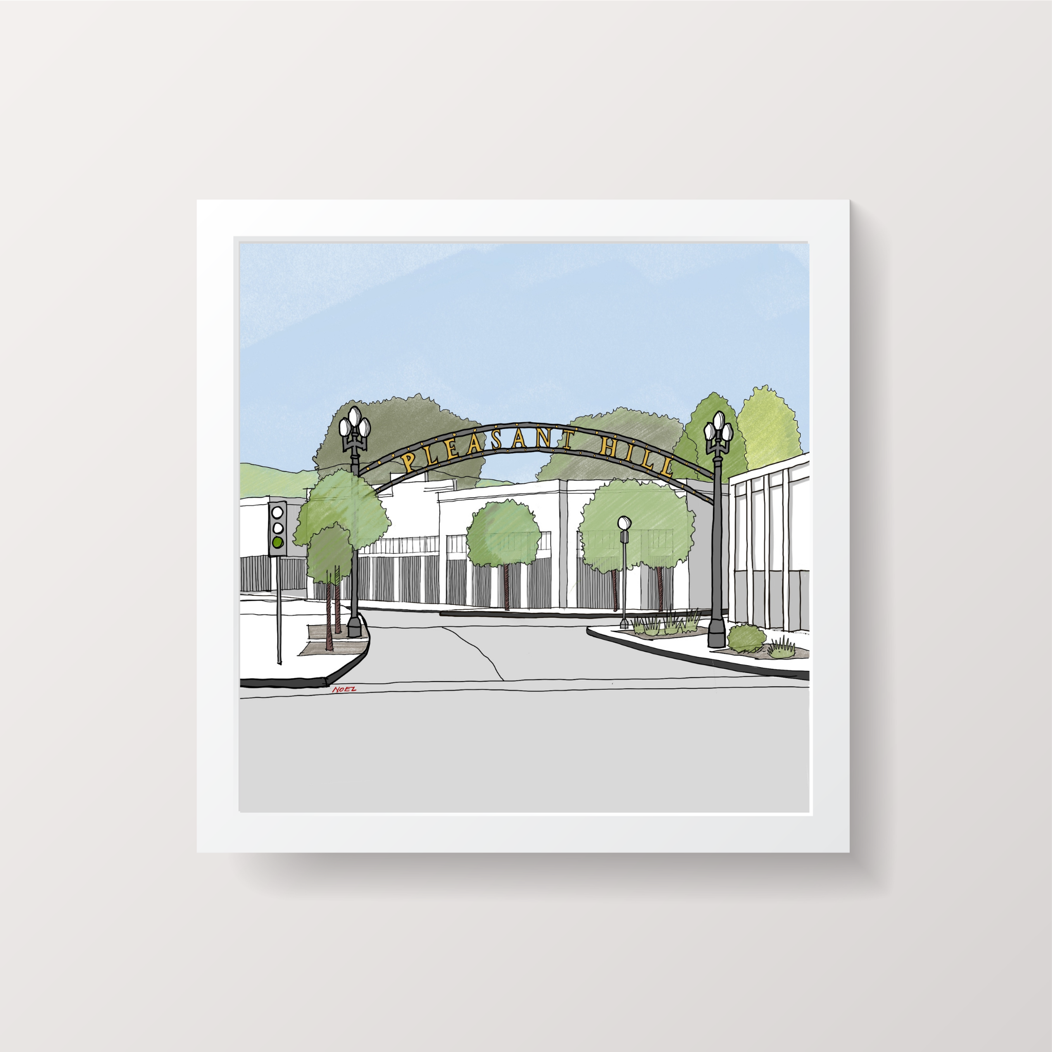 Detailed Pleasant Hill Downtown city sign drawing, architectural illustration of a local landmark in Pleasant Hill, California art print.