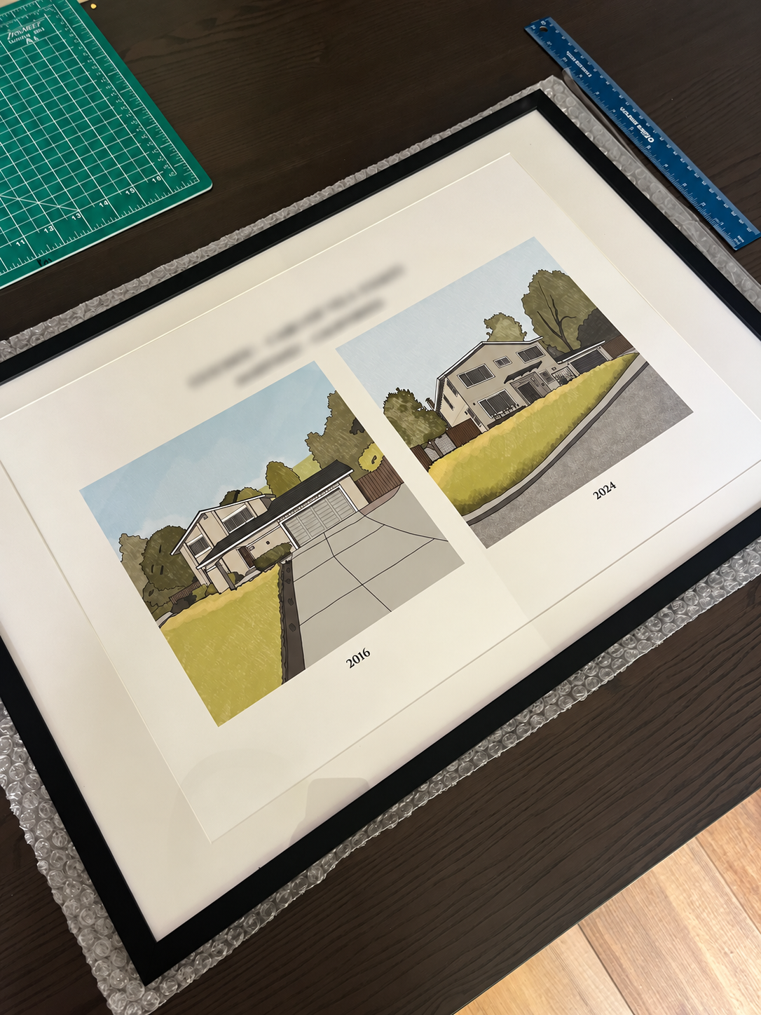 Custom Now and Then house portrait featuring two architectural illustrations of a family home in 2016 and 2024, displayed side by side in a modern picture frame.”
