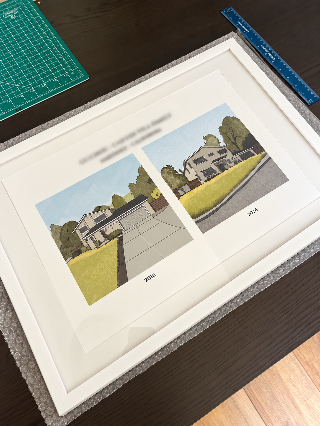 Custom Now and Then house portrait featuring two architectural illustrations of a family home in 2016 and 2024, displayed side by side in a modern picture frame.”