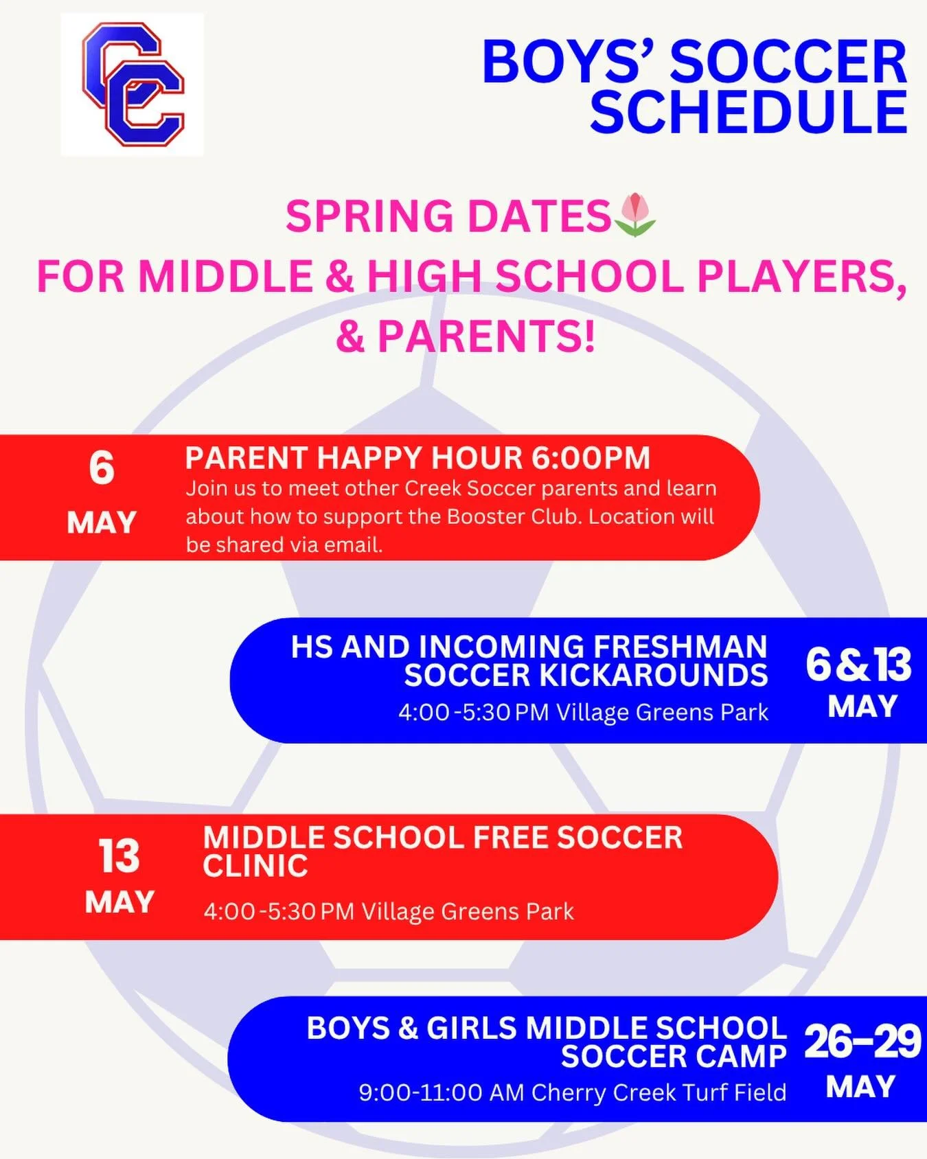 Mark your calendars! We are 1 month away from the first spring kickaround and parent happy hour!