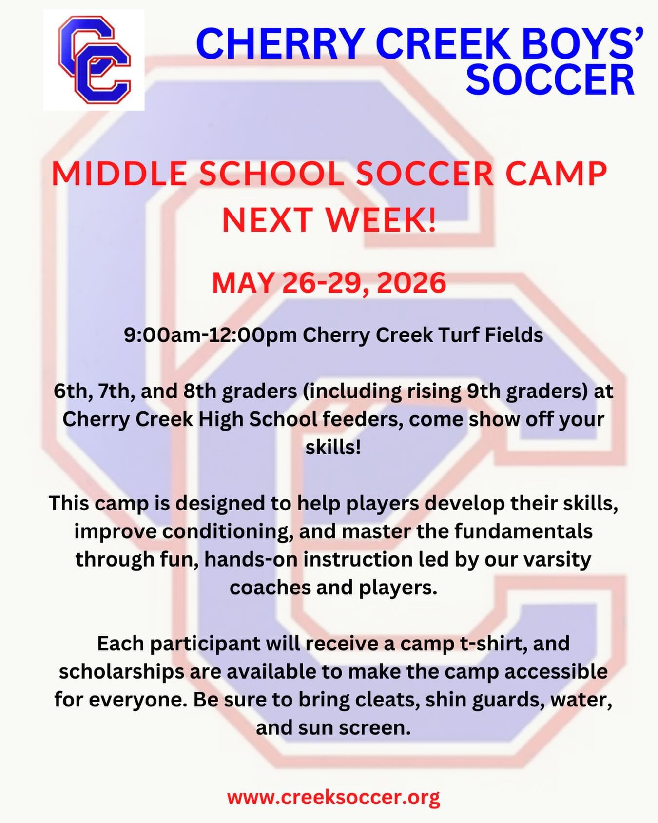 Note: different time than what is on the Mile High Sports website. See registration email from Coach Wilmer Barrera for camp details.